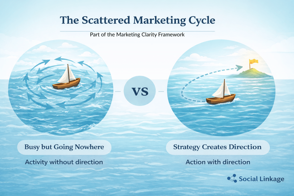 Illustration titled "The Scattered Marketing Cycle" showing a boat drifting in circles with arrows pointing in different directions labeled "Busy but Going Nowhere", contrasted with a boat labeled "Strategy Creates Directions", with the phrase "Activity without directions vs Action without Direction."